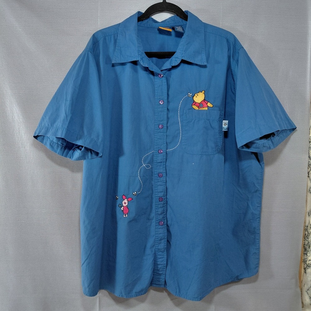 Pooh Disney Woman Short Sleeve Button Up Shirt 22W/24W Blue Embroidered Piglet